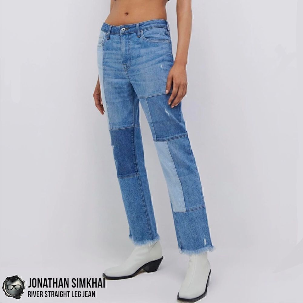 JONATHAN SIMKHAI RIVER STRAIGHT LEG DISTRESSED PATCHWORK JEANS IN INDIGO BLUE 27 - Picture 7 of 16